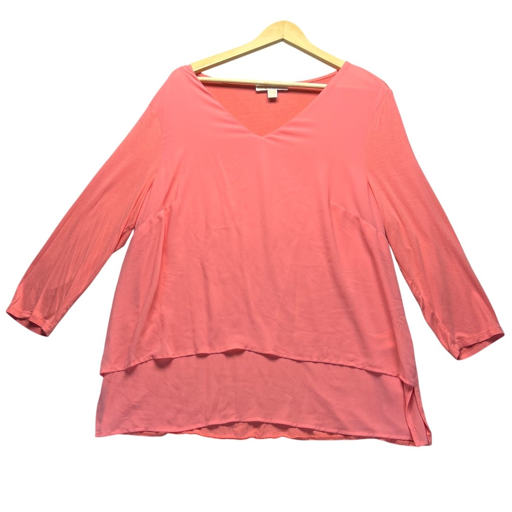 Michael Kors 1X Coral‎ Pink Layered V Neck Long Sleeve Top Women's Plus Size
